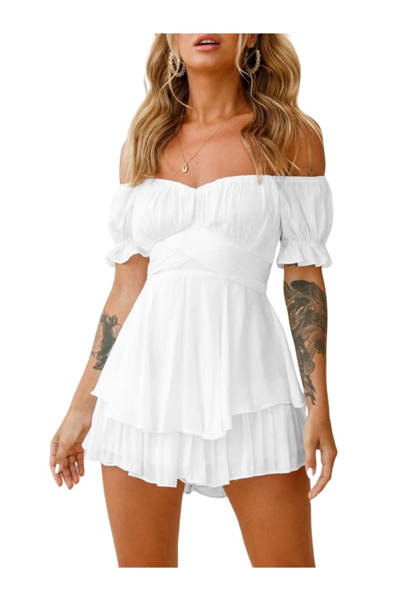 Women Puff Sleeve Off Shoulder Ruffle Romper Shorts Sleeve Layered Fairy Pirate Short Jumpsuit