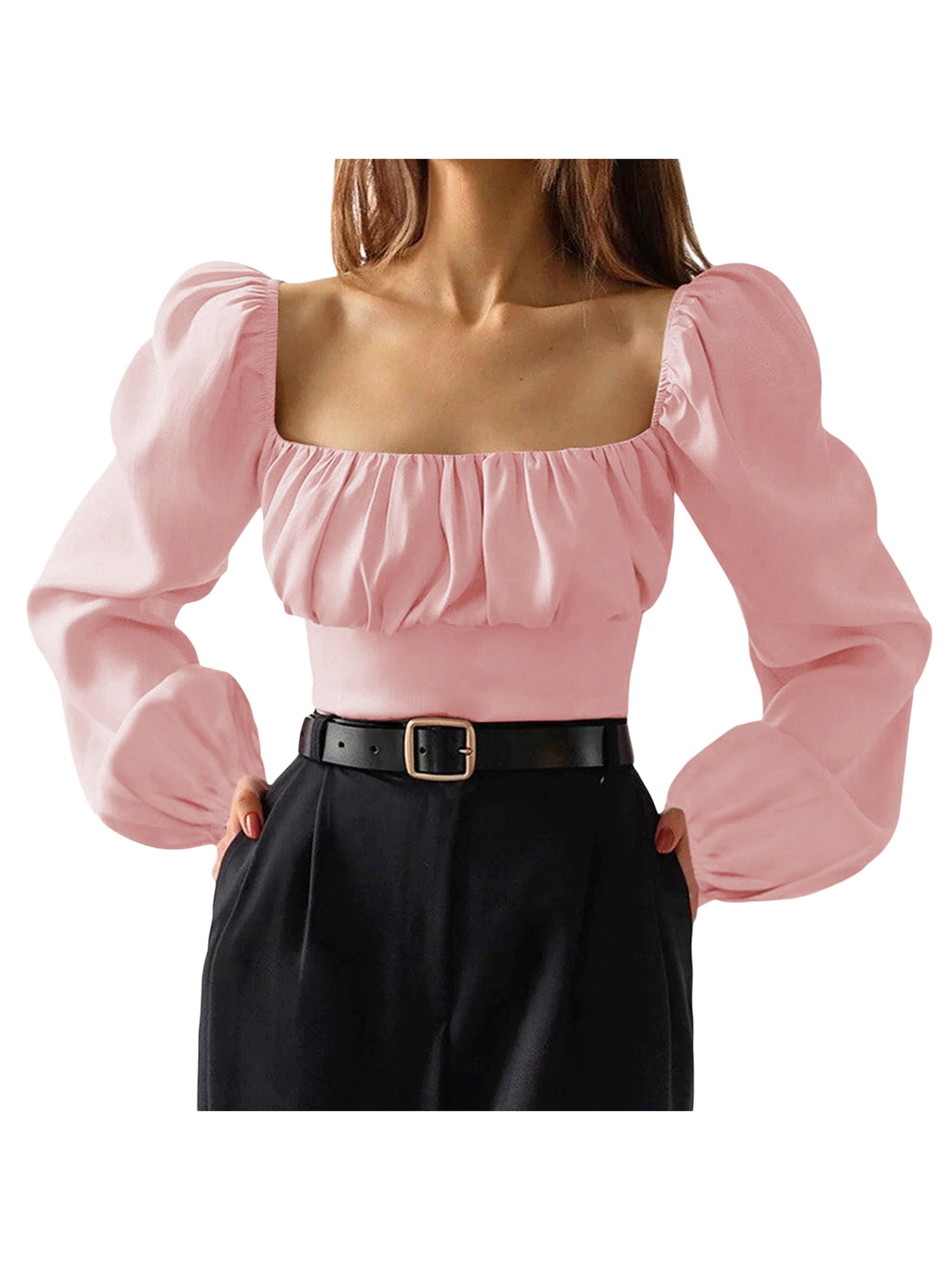 Ruched Pull String Squareneck Puff Sleeve Top