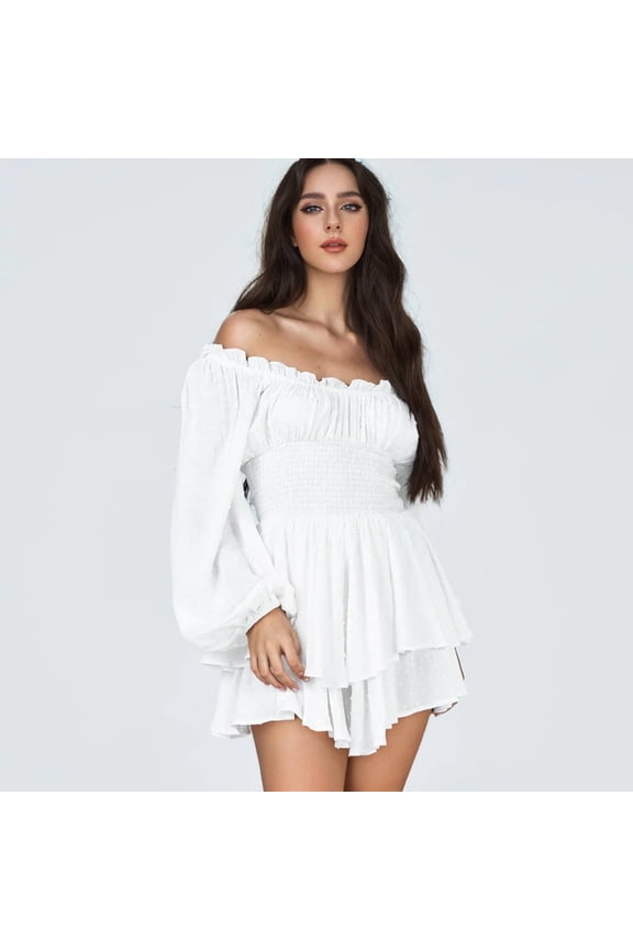 Women Puff Sleeve Ruffle Romper Dress Off Shoulder Long Sleeve Flowy Layered Fairy Pirate Short Jumpsuit Playsuits