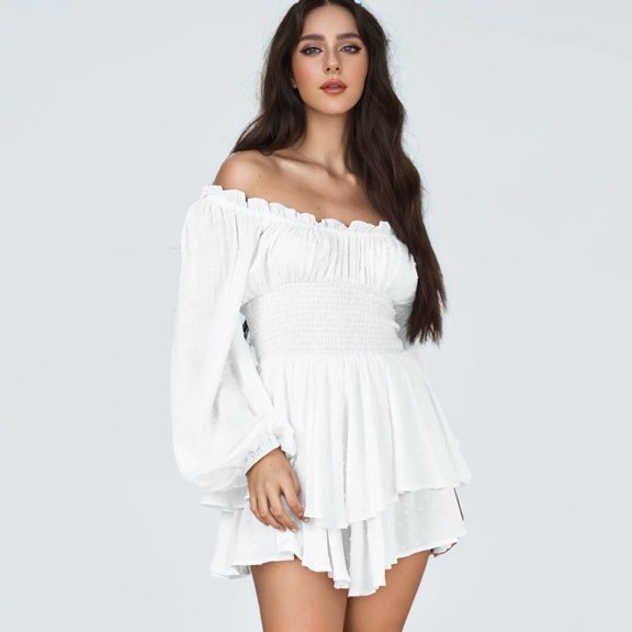 Women Puff Sleeve Ruffle Romper Dress Off Shoulder Long Sleeve Flowy Layered Fairy Pirate Short Jumpsuit Playsuits