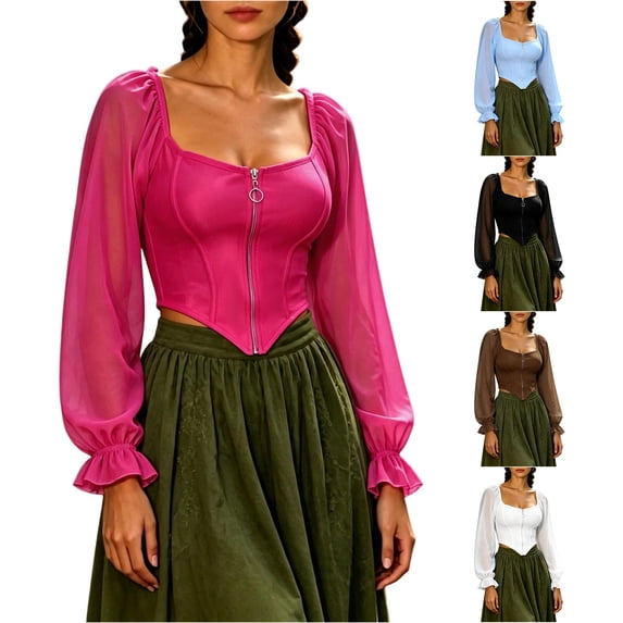 Women Puff Sleeve Square Neck Zip up Medieval Top Pirate Costume Halloween Cosplay Halloween Costume Women, Size M