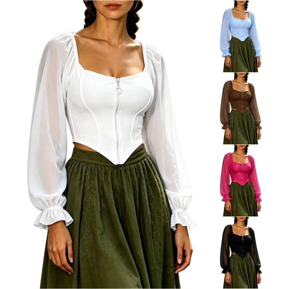 Women Puff Sleeve Square Neck Zip up Medieval Top Pirate Costume Halloween Cosplay Halloween Costume Women, Size M