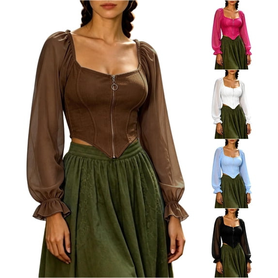 Women Puff Sleeve Square Neck Zip up Medieval Top Pirate Costume Halloween Cosplay Halloween Costume Women, Size XL