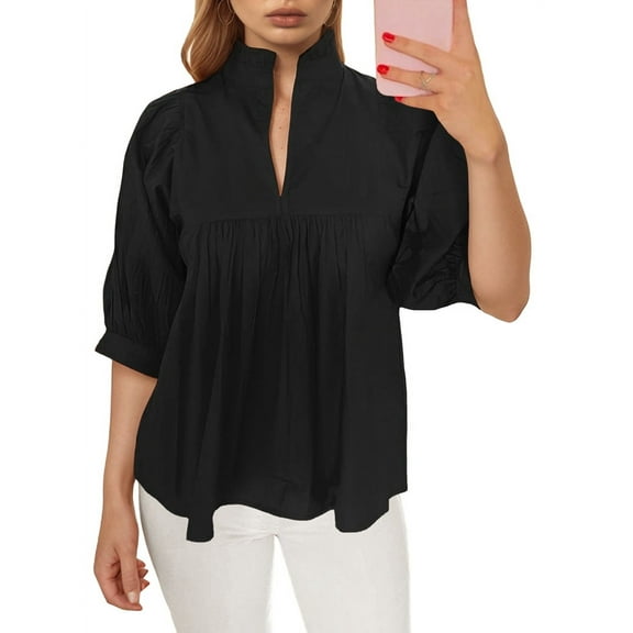 Women Puff Sleeve V Neck Blouse Babydoll Peplum Tops Dressy Casual Pleated Loose Fit Shirts Black M