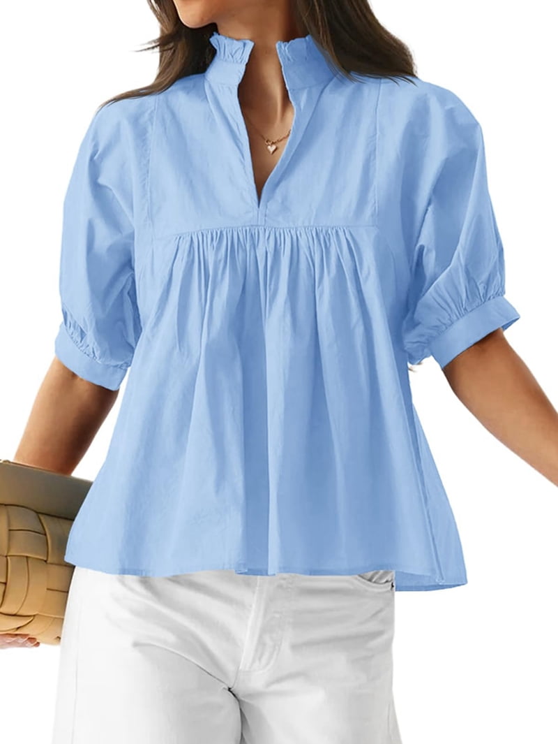 Ashley Stripe Flower Puff Sleeve V Neck Babydoll Blouse