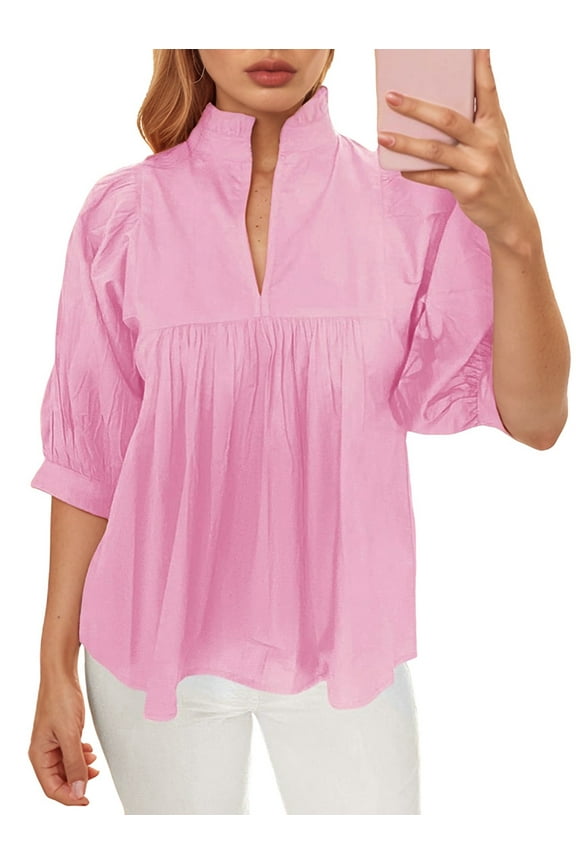 Women Puff Sleeve V Neck Blouse Babydoll Peplum Tops Dressy Casual Pleated Loose Fit Shirts Pink S