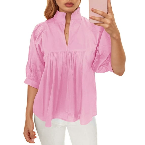 Women Puff Sleeve V Neck Blouse Babydoll Peplum Tops Dressy Casual Pleated Loose Fit Shirts Pink XL