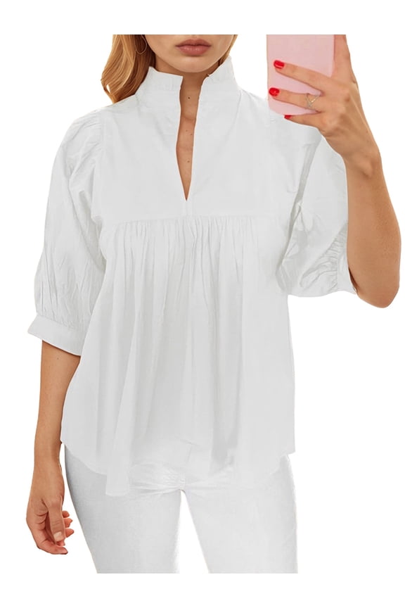 Women Puff Sleeve V Neck Blouse Babydoll Peplum Tops Dressy Casual Pleated Loose Fit Shirts White L