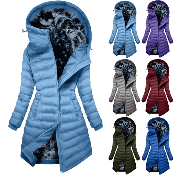 Puffer Coat for Women Lined Long Quilted Asymmetric Zipper Hooded Slim Fit Windproof Warm Winter Parka Jacket with Multi Zipper Pockets