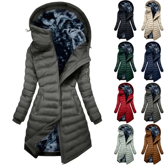 Women Puffer Coat Fleece Lined Long Quilted Asymmetric Zipper Hooded Slim Fit Windproof Warm Winter Parka Jacket with Multi Zipper Pockets
