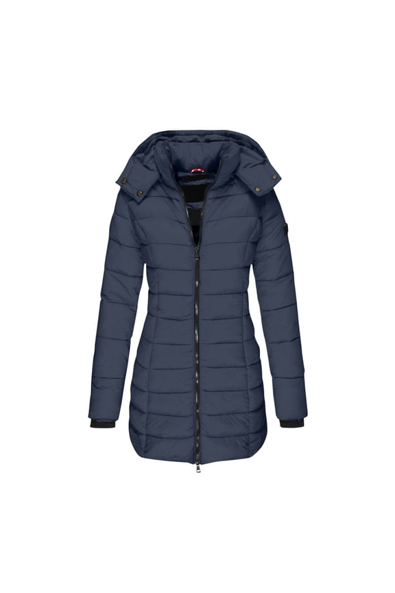 Women Puffer Down Jacket Mid Length Detachable Hood Windproof Full-Zip Warm Winter Tunic Coat with Pockets (2XL, Navy)