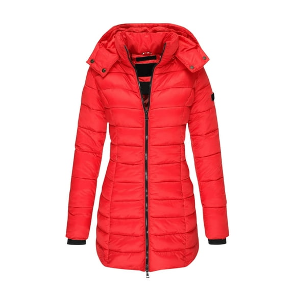 Women Puffer Down Jacket Mid Length Detachable Hood Windproof Full-Zip Warm Winter Tunic Coat with Pockets (XL, Red)
