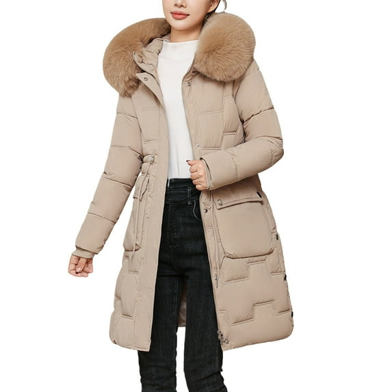 Women Puffer Jacket with Hood, Yigetop Women's Long Winter Puffer Coat Warm Thicken Fleece Lined Down Jacket Detachable Hooded Parka Winter Puffer Jackets for Women Khaki 3XL