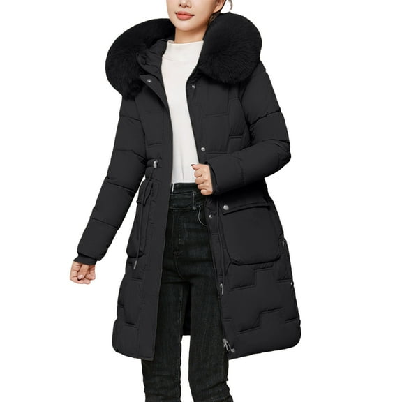 Women Puffer Jacket with Hood, Yigetop Women's Long Winter Puffer Coat Warm Thicken Fleece Lined Down Jacket Detachable Hooded Parka Winter Puffer Jackets for Women Black 2XL