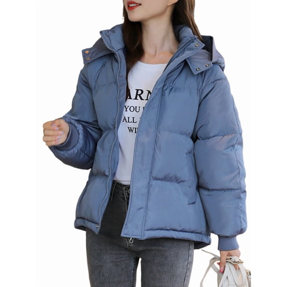 Women Puffer Jacket Winter Warm Coats Hooded Quilted Jackets with Removable Hood Blue XL