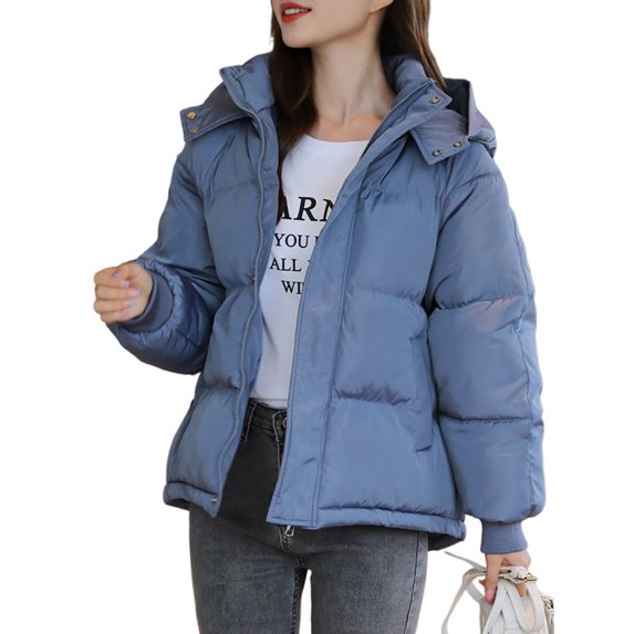 Women Puffer Jacket Winter Warm Coats Hooded Quilted Jackets with Removable Hood Blue XXL