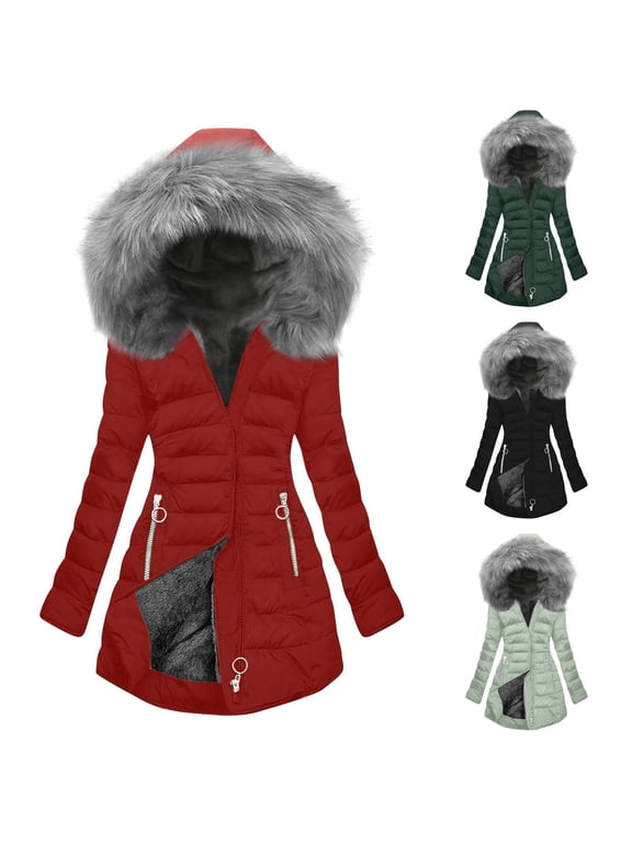 Women Puffer Jacket with Long Faux-Fur Trim Hood, Thick Plush Fleece Lined Zip Hooded Winter Mid Long Down Coat (2XL, Red)