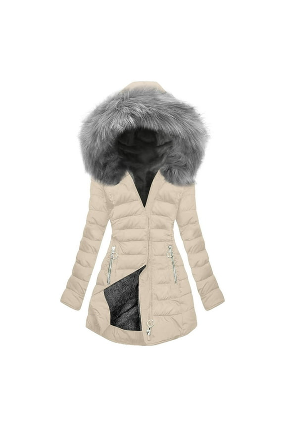 Women Puffer Jacket with Long Faux-Fur Trim Hood, Thick Plush Fleece Lined Zip Hooded Winter Mid Long Down Coat (6XL, Beige)