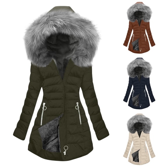 Women Puffer Jacket with Long Faux-Fur Trim Hood, Thick Plush Fleece Lined Zip Hooded Winter Mid Long Down Coat (S, Green)