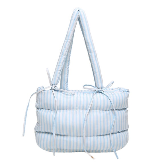 Women Puffer Tote Bag Striped Shoulder Bag Quilted Cloud Hobo Bag Decor Bag (Blue)