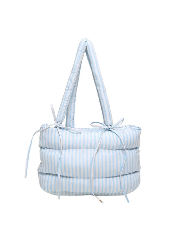 Women Puffer Tote Bag Striped Shoulder Bag Quilted Cloud Hobo Bag Decor Bag (Blue)