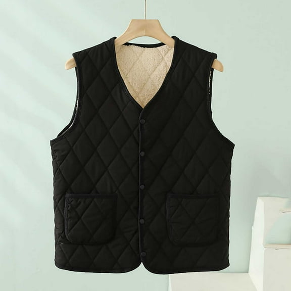 Women Puffer Vest Casual Stand Collar Sleeveless Puffer Jacket Warm Winter Reversible Botton Up Outerwear with Pockets Black XXXL