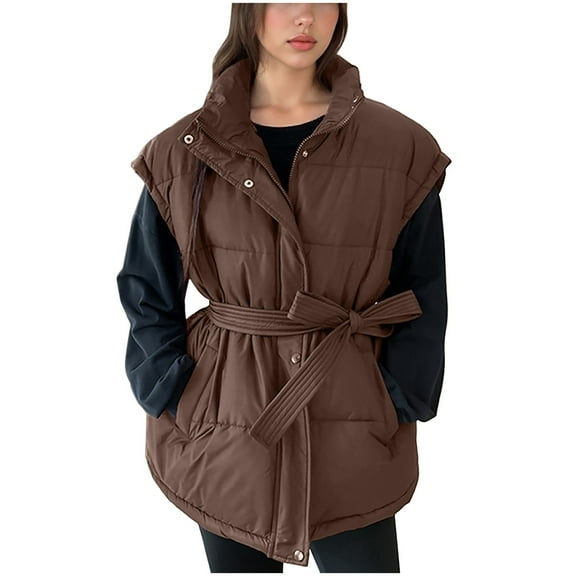 Women Puffer Vest Winter Sleeveless Jacket Belted Quilted Down Vest Hooded Zip Up Warm Lightweight Outerwear