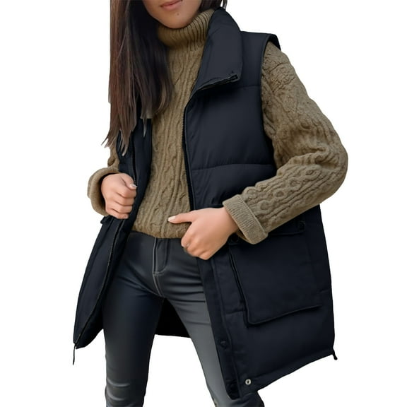 Women Puffer Vest, Yigetop Womens Long Puffer Vest Quilted Hooded Vests Button Down Sleeveless Jacket Casual Zip Up Padded Jacket Winter Coat Sleeveless Winter Vest for Women Black L