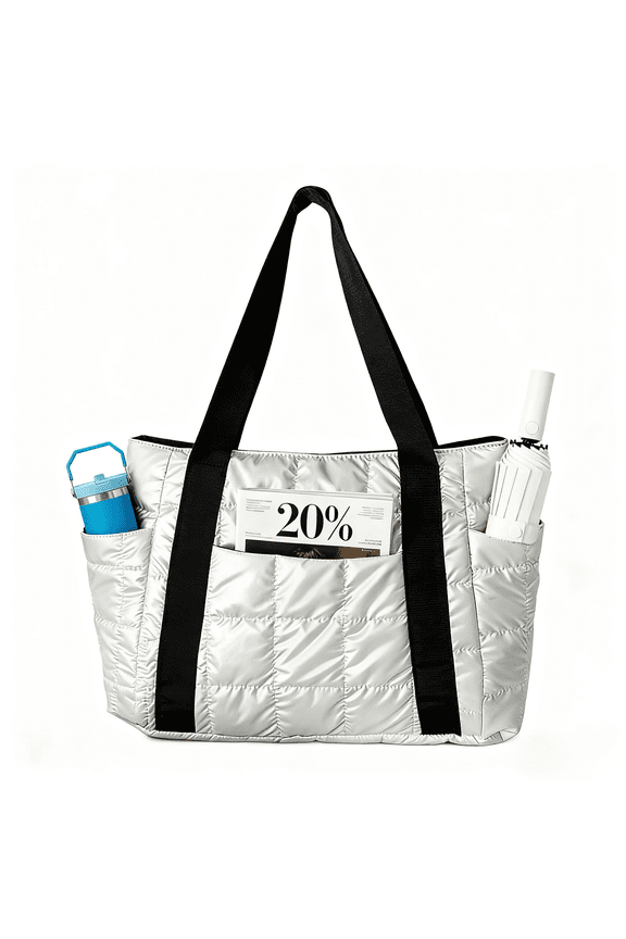 Womens Large Puffy Quilted Tote Bag with 3 outer Pockets,Ladies Fashion Soft Lightweight Shoulder Bag Handbag for Shipping,Travel(White Totes)