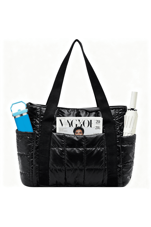 Womens Large Puffy Quilted Tote Bag with 3 outer Pockets,Ladies Fashion Soft Lightweight Shoulder Bag Handbag for Shipping,Travel(Black Totes)