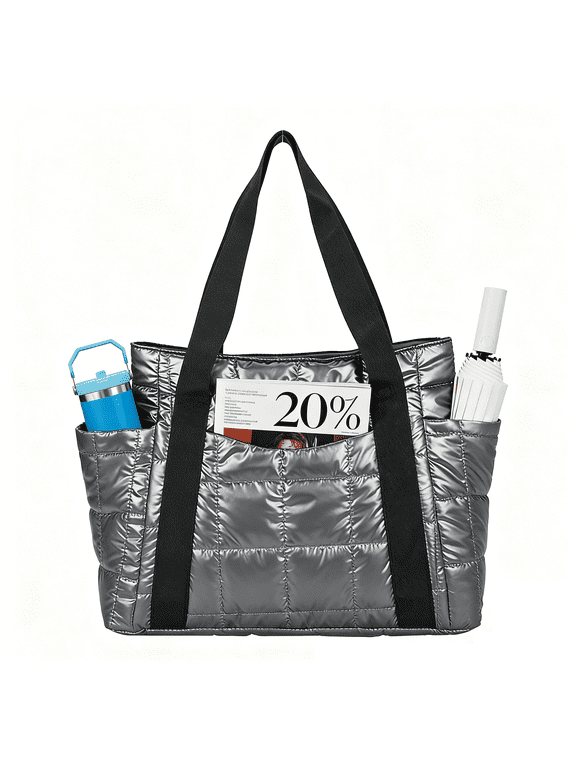 Puffy Tote Bag for Women with 3 outer Pockets,Ladies Quilted Lightweight Shoulder Bag,Water Resistant Handbag for Shipping,Travel(Grey Totes)