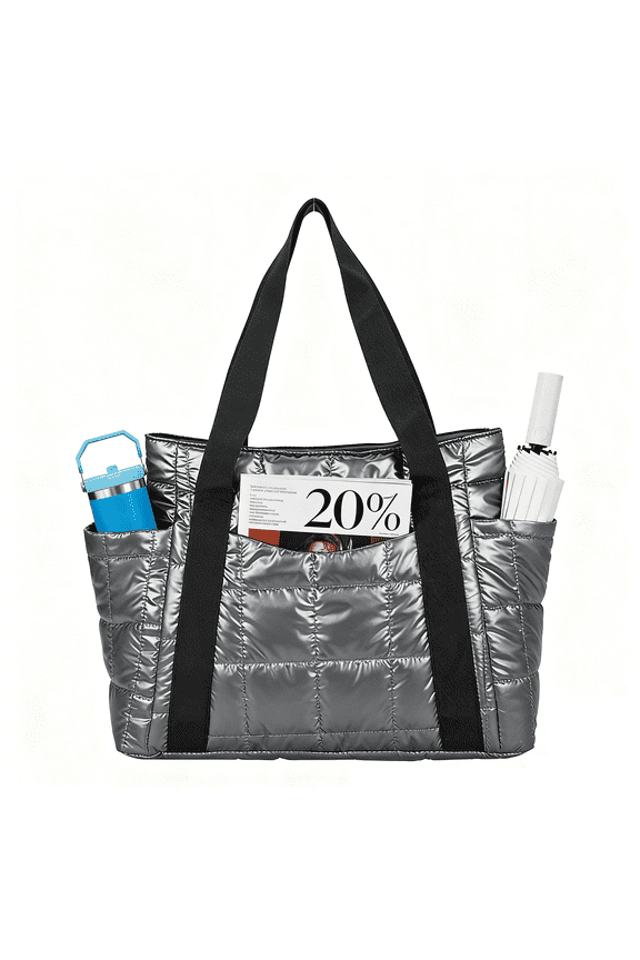 Womens Large Puffy Quilted Tote Bag with 3 outer Pockets,Ladies Fashion Soft Lightweight Waterproof Shoulder Bag Handbag for Shipping,Travel(Grey Totes)