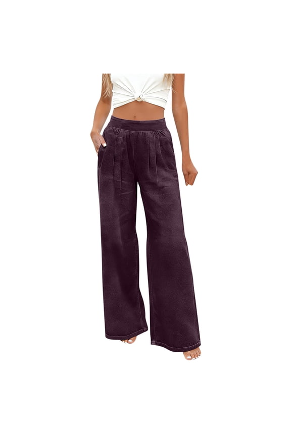 Women Pull On Pleated Pants High Waisted Stretchy Denim Look Lightweight Baggy Elastic Waist Pant with Pockets