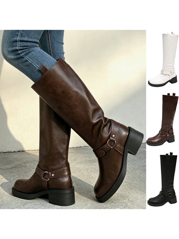 Women Pull on Tall Riding Boots Round Toe Knee High PU Buckle Strap Block Heel Shoes Fall Winter Daily Commute Boots White