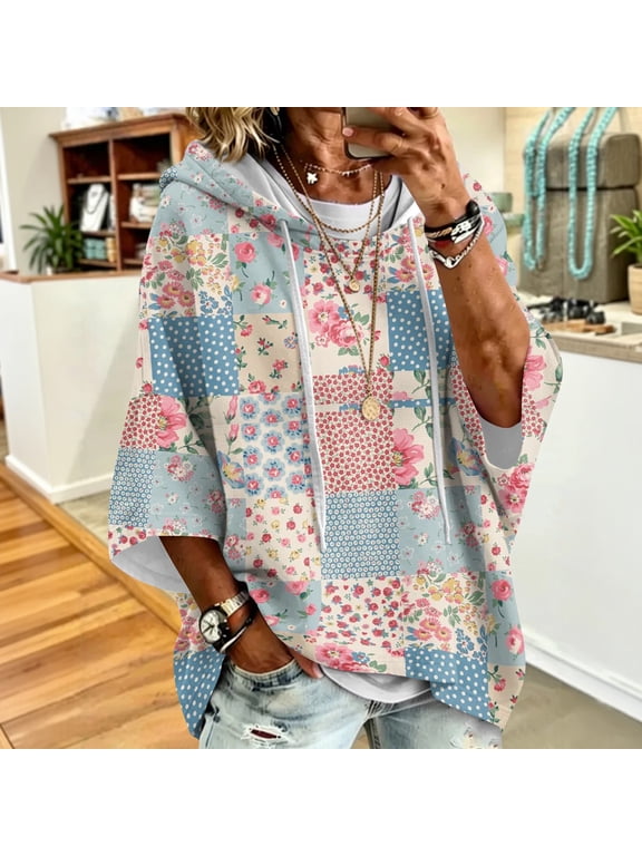 Women Pullover Hoodie 3/4 Sleeve Retro Floral Graphic Hooded Sweatshirt Oversized Relaxed Fit Casual Fall Pullover Tops