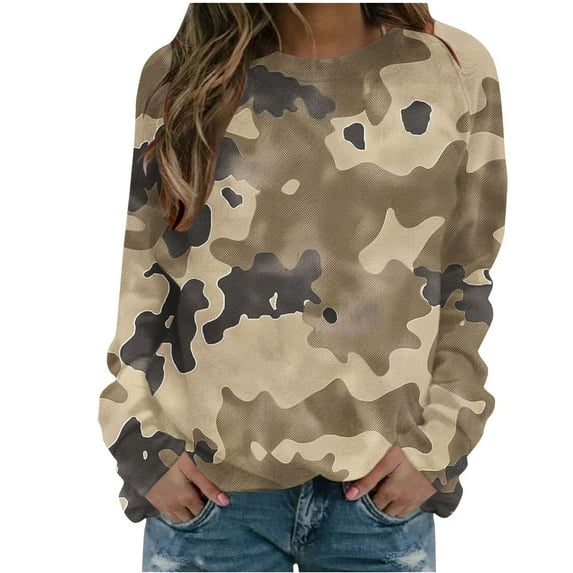 Women Pullover Hoodless Sweatshirts Camouflage Printed Round Neck Shoulder Long Sleeved Sweatshirt