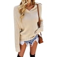 thumbnail image 1 of Women Pullover Lapel Knitted Shirt Cropped V Neck Fall Tunic Sweaters Loose Tops, 1 of 19