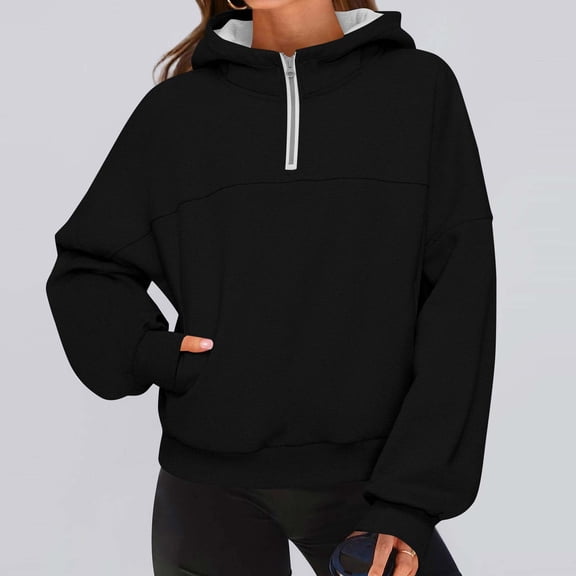 Women Pullover Oversized Sweatshirts New Ladies Fashionable Half Zip Pocket Hooded Sweatshirt Style B-70 Black S
