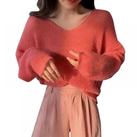 Women Pullover Solid Color V Collar Sweet Loose Long-sleeved Knit Sweater