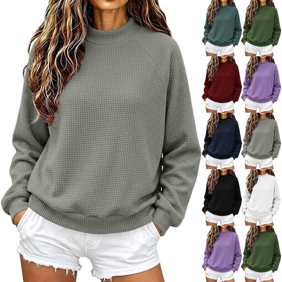 Women Pullover Sweater Waffle Knit Crewneck Long Sleeve Casual Solid Fall Top