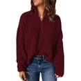 thumbnail image 1 of Women Pullover Sweater Zip Up High Collar Drop Shoulder Sleeves Pure Color Lady Knit Sweater for Fall Winter Wine Red S, 1 of 6