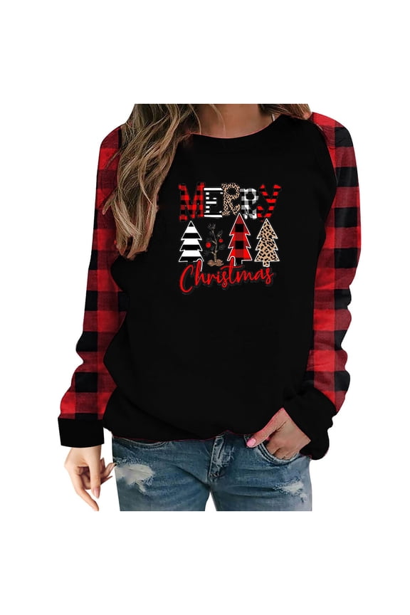 Women Pullover Sweatshirt Christmas Fashion Printing Coat Shirt Ladies Long Sleeve Round-Neck Ruched Tops,Red,Large
