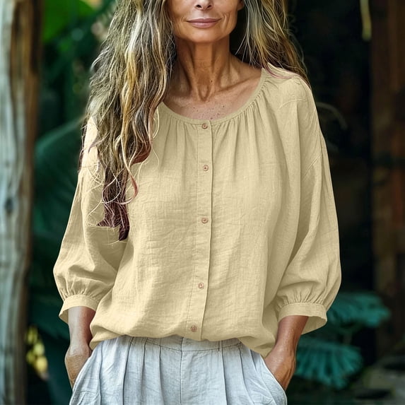 Women Pullover Tops Dressy New Women's Linen Cotton Shirts 3/4 Puff Sleeve Round Neck Button Blouse Loose Fitted Breathable Casual Summer Shirt Style B-4 Beige S
