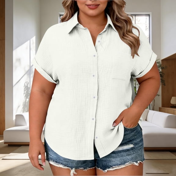 Women Pullover Tops New Women's Plus Size Short Sleeve Button down Shirt with Notch Collar and Patch Pockets Style B-95 White XL