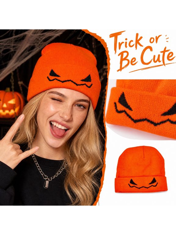 Women Pumpkin Beanie Knitted Devil Warm Halloween Winter Hat Cosplay Costume Accessory