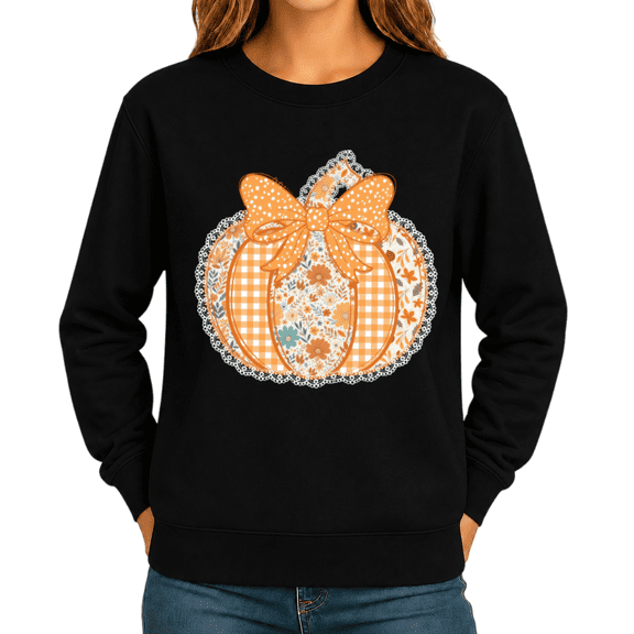 Women Pumpkin Bow Graphic Sweatshirt Fall Crewneck Pullover Casual Shirt
