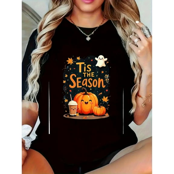 Women Pumpkin Spice Latte Graphic Tee Coffee T Shirt Tops Trendy Casual Short Sleeve Round Neck Black S-5XL