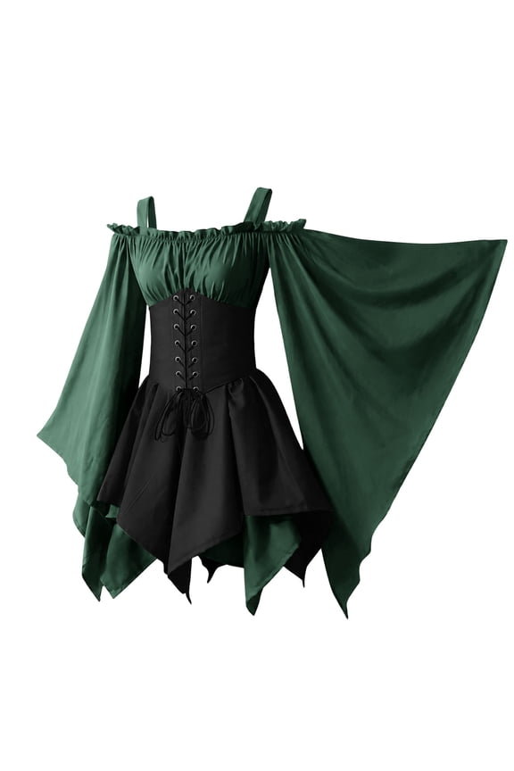 Women Punk Cold Shoulder Flare Sleeves Lace Gothic Dress Ruffles Layered Lace-up Corset Medieval Renaissance Costume
