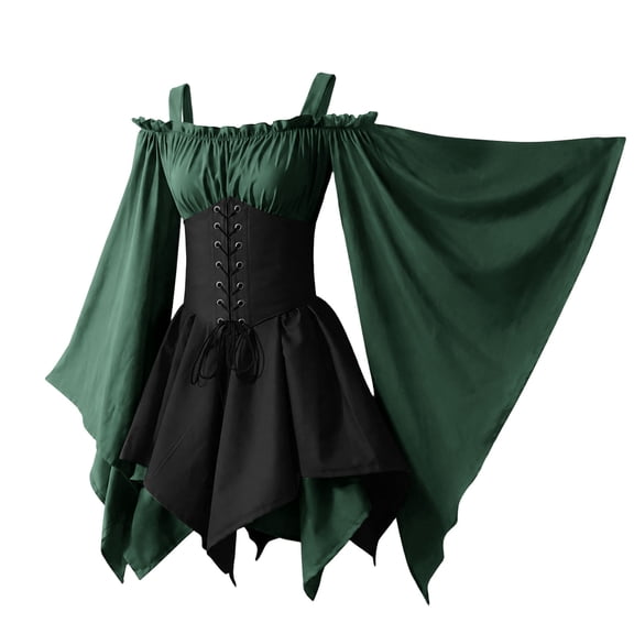 Women Punk Cold Shoulder Flare Sleeves Lace Gothic Dress Ruffles Layered Lace-up Corset Medieval Renaissance Costume