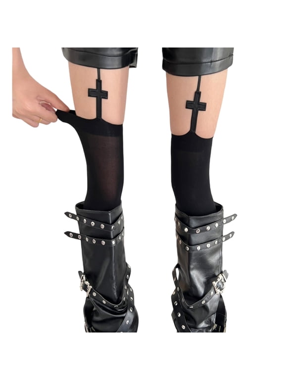 Women Punk Crosses Hollowout Pantyhose Texture Thigh High Stockings Elastic Waist Garter Belt For Party Wear